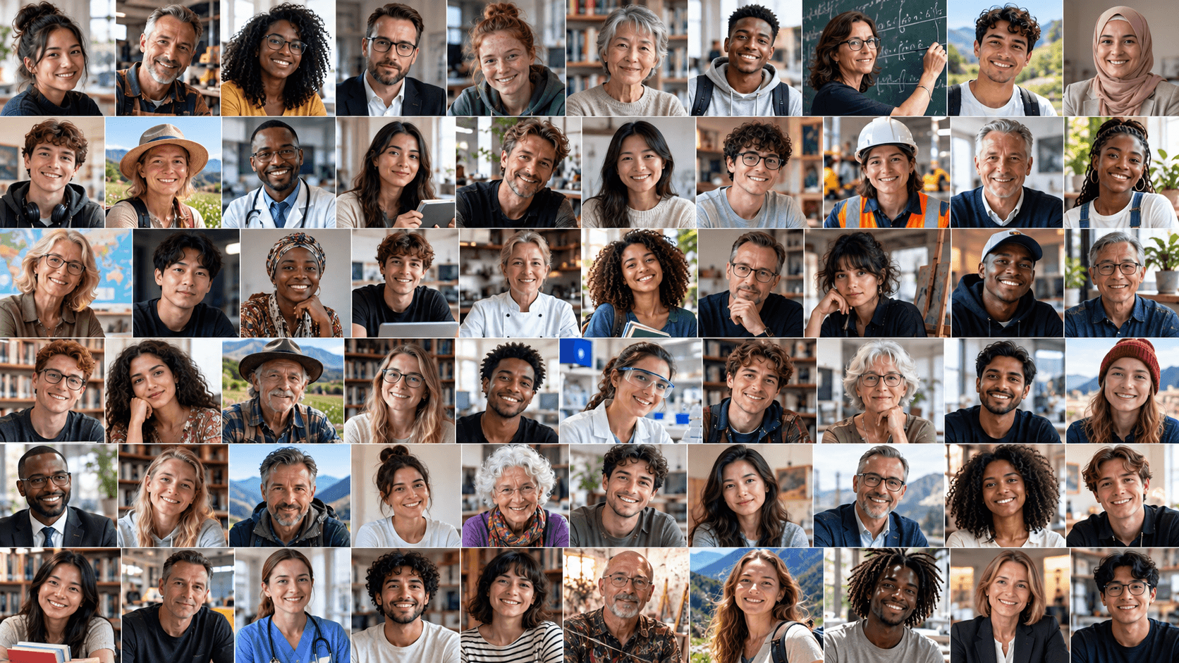 Mosaïque de portraits de contributeurs Coryphea — enseignants, soignants, scientifiques, artisans, étudiants, parents, retraités, de tous horizons